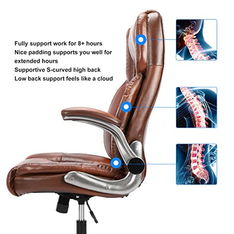 REFICCER Brown Leather Office Chair with Flip up Arms, High Back Ergonomic Executive Office Chairs with Wheels, 90-120° Rocking Office Desk Chair with Lumbar Support, Swivel Task Chairs REFICCER