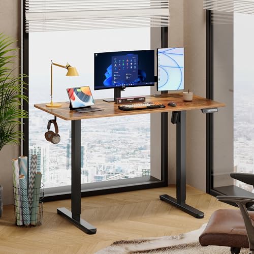 DEVAISE 48 Inch Electric Standing Desk, 3 Adjustable Height Stand up Desk for Home Office, Ergonomic Sit to Stand Desk with LED Touchscreen and Hook, 3 Memory Preset Computer Desk (Rustic Brown) DEVAISE