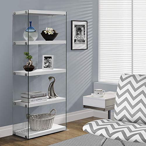 Sleek White 5-Shelf Etagere Bookcase with Tempered Glass Frame by Monarch Specialties - WoodArtSupply