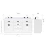 ARIEL Hepburn 72" White Double Vanity, 1.5" Edge Carrara Quartz Countertop & Splash, Rectangular Sinks, 4 Soft Closing Doors, 6 Full Extension Dovetail Drawers, Toe Kick, Matte Black ARIEL