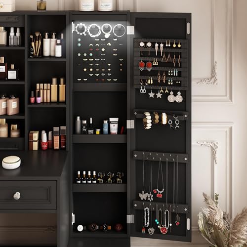 Makeup Vanity Desk with LED Lighted Sliding Mirror, Vanity Table with Jewelry Cabinet and 4 Drawers, Charging Station & Lots Storage Shelves, Adjustable Brightness, Dressing Table Cushioned Stool Set Vabches