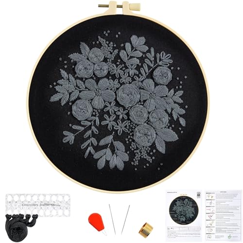 Crafmanoe Embroidery Kits for Beginners Adults, Black Flowers Embroidery Starter Kits, Counted Cross Stitch Kits for Beginners Adults Hobbies Set for Women, Embroidery Hoops, Thread and Video Tutorial