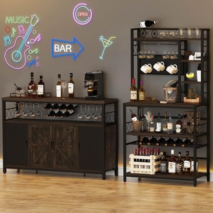 Aubtik Wine Rack Freestanding Floor, Liquor Bar Cabinet with Storage, Coffee Bar Table with Glass Holder，Bakers Stand for Home, 33.5" Wide (Walnut Brown)