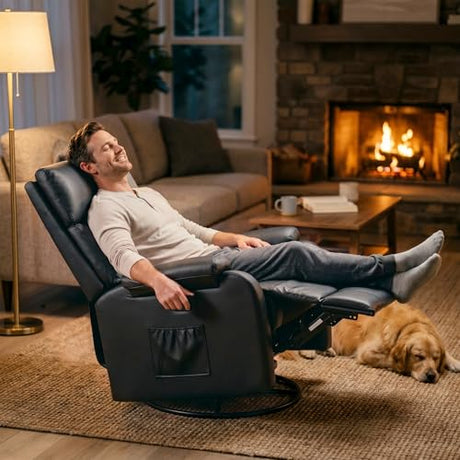 Flamaker Rocking Chair for Nursery, 360 Swivel Rocker Recliner with Vibration Massage, PU Leather, Adjustable Backrest, for Living Room, Bedroom (Black) Flamaker