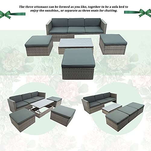 Goohome 5 Pieces Outdoor Patio Sectional Sofa Couch, PE Wicker Furniture Conversation Sets with Adustable Backrest & Washable Cushions & Ottomans & Glass Coffee Table for Garden, Poolside, Backyard Goohome