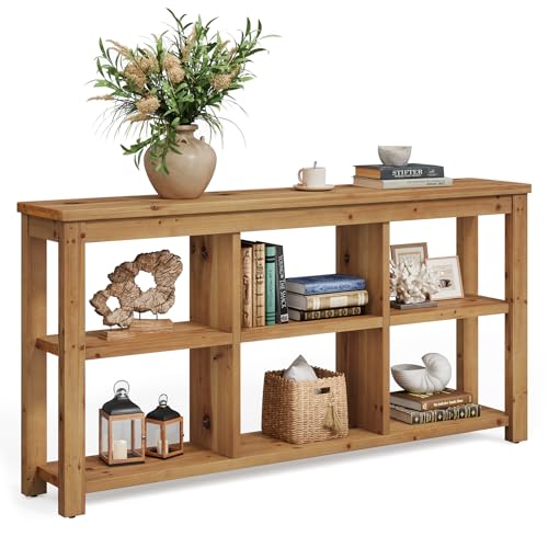 TRIBEWOOD 63-Inch Solid Wood Console Table for Entryway, 3-Tier Long Farmhouse Sofa Table with 6 Storage Cubes for Living Room, Hallway, Brown TRIBEWOOD