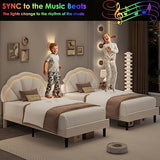 HIFIT Twin Upholstered LED Bed Frame with Adjustable Petal Headboard in Beige - Soft Velvet Princess Platform Bed for Kids HIFIT