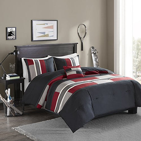 Comfort Spaces Casual Comforter Set Sporty Design, Vibrant Color, Active Lifestyle Boys Bedroom Décor, All Season Soft Microfiber Bedding Set, Decorative Pillow, Sham Black/Red Queen 4 Piece Comfort Spaces