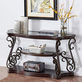 SSLine Traditional Vintage 3-Tier Sofa Console Table with Tempered Glass Table Top,Wood Accent Side Table with Marble Paper Middle Shelf,Hall Table for Living Room Bedroom Entryway SSLine