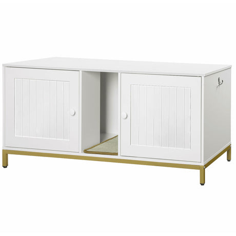 HOOBRO 44" Cat Litter Box Enclosure for 2 Cats, Double Cat Litter Box Furniture Hidden, TV Stand Litter Box Enclosure with Cat Scratching Mat, Cat House, Cat Washroom Cabinet, White, Gold DW20MW01 HOOBRO