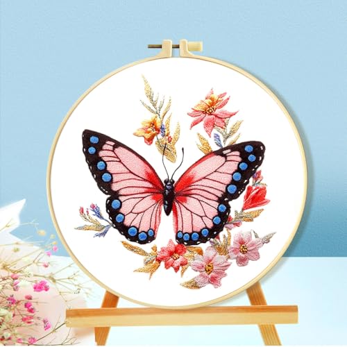 LSLFQYQSK Beginners Embroidery Kits - Butterfly DIY Cross Stitch Kits,Including,Stamped Flower Patterns,Hoop,Color Threads,Tools (Style B)