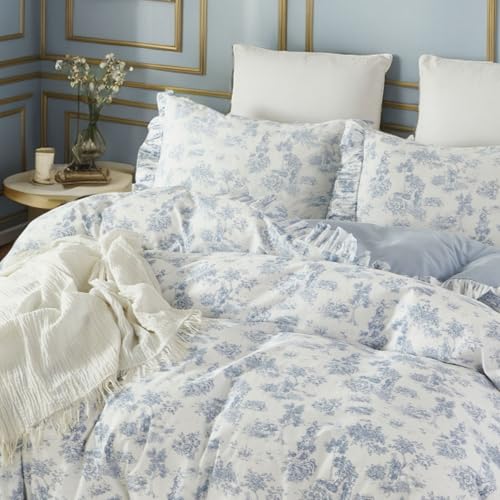 Brandream French Country Garden Toile Floral Duvet Quilt Cover King Size 100% Cotton Bedding Set Toile Tapestry Pattern Blossom Tree Branches Delicate Ruffle Fringe Design Brandream
