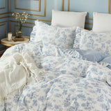 Brandream French Country Garden Toile Floral Duvet Quilt Cover King Size 100% Cotton Bedding Set Toile Tapestry Pattern Blossom Tree Branches Delicate Ruffle Fringe Design Brandream