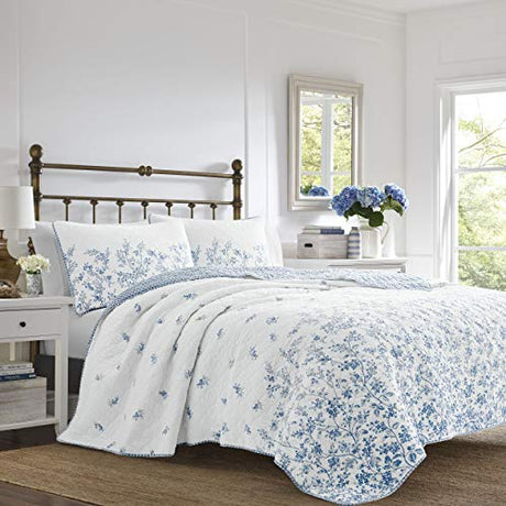 Laura Ashley Home - Queen Quilt Set, Reversible Cotton Bedding with Matching Shams, Pre-Washed Home Decor for Added Softness (Flora Blue, Queen) Laura Ashley