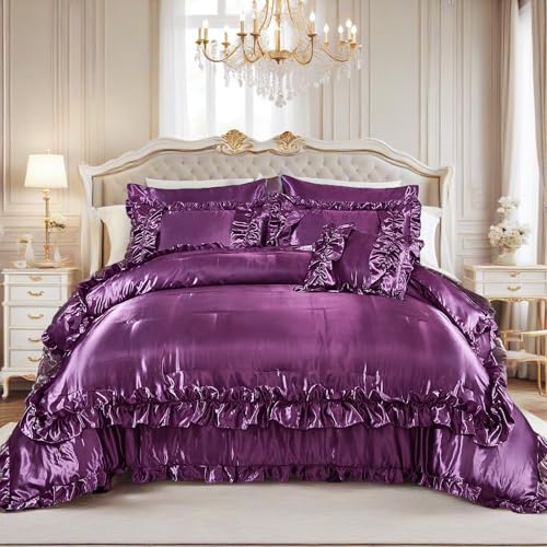MOVE OVER Purple Satin Comforter Set King Size Purple Ruffle Bedding Set 8 Pieces Satin Bed in a Bag Farmhouse Shabby Chic Ruffle Design Silk Like Satin Comforter Sets MOVE OVER