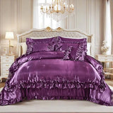 MOVE OVER Purple Satin Comforter Set King Size Purple Ruffle Bedding Set 8 Pieces Satin Bed in a Bag Farmhouse Shabby Chic Ruffle Design Silk Like Satin Comforter Sets MOVE OVER