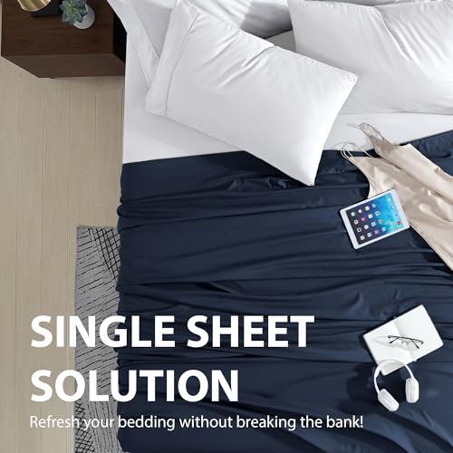 Cathay Home Hotel Luxury Wrinkle & Fade Resistant Double Brushed Ultra Soft Microfiber 1-Piece Single Flat Sheet - Navy Blue, King (102" x 105") Cathay Home