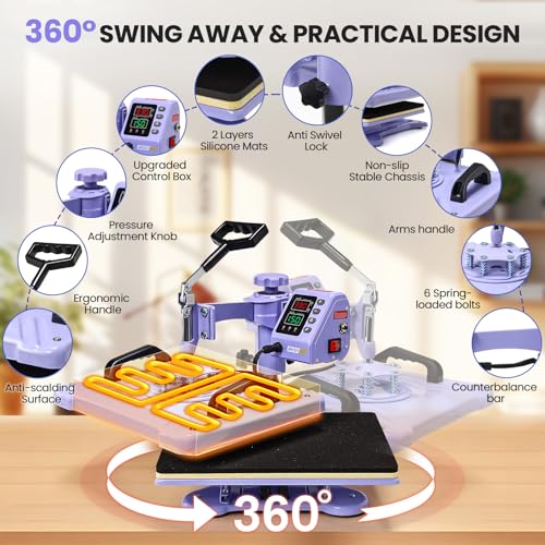 AKEYDIY Heat Press 15x12 Inch, 8 in 1 Heat Press Machine for T-Shirts Hat Cap Mug Plate, 360° Swing Away Shirt Pressing Machine, Sublimation Heat Transfer Machine with Tumbler Press Hat Press, Purple AKEYDIY