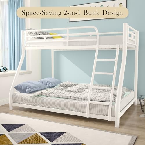 KAIFAM Metal Bunk Bed, Twin Over Full Bunk Bed with Safety Guardrail and Ladder, Bunk Beds Twin Over Full Size(White) KAIFAM