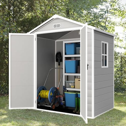 YOFE Resin Shed 6x4.4FT,Outdoor Storage Shed with Floor,Plastic Shed with Floor for Garden Tool,Waterproof Outdoor Resin Shed,Lockable Doors for Patio,Yard,Lawn (LightGray) - WoodArtSupply