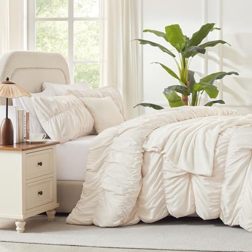 Andency Ruched Beige Full Size Comforter Sets, Shabby Chic Pleatd Bedding Sets 3 Pieces, Lightweight Soft Boho Ruffle Bed Set for Girls, Kids, Women, All Season Andency