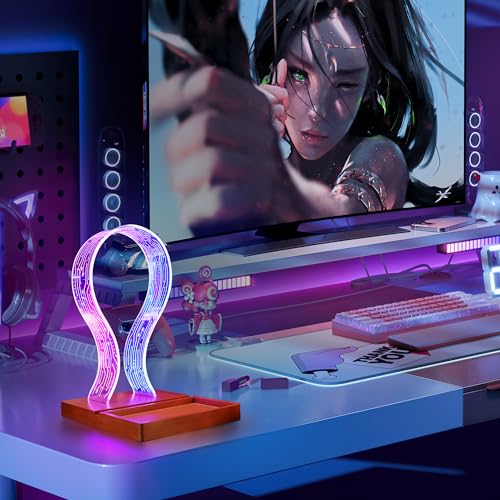 YuanDian Gamer Gifts for Teenage Boy, LED Gaming Headphone Phone Stand with Tray - Wood Holder with Blue Pink LED Night Light, Desk Organizer, Ideal Gift for Gamers, Men, and Music Lovers - WoodArtSupply