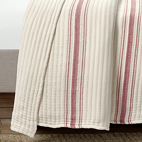 Lush Decor Farmhouse Stripe Kantha Pick Stitch Cotton Quilt/Coverlet Single Full/Queen, Red - Striped Bedding Queen Quilt - Queen Blanket For Bed Lush Decor
