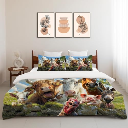 Funny Animals Bedding Set 3 Pieces Soft Lightweight Microfiber Farmhouse Cow Donkey Pig Bedspread Coverlet Set Fun Horse Duvet Cover Twin Full Queen King for Comforter Bed Set for Girls Boys Women Men exroozy