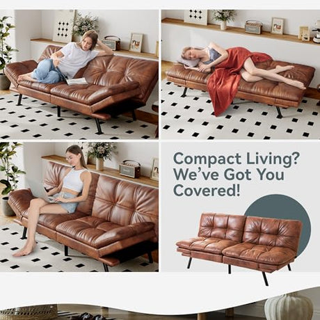 AMICLIBER Futon Sofa Bed Convertible Couch, Brown Faux Leather Sofa Bed with Memory Foam, Adjustable Backrest & Armrests, Multifunctional Small Loveseat Sleeper Sofa for Living Room, Apartment, Office AMICLIBER