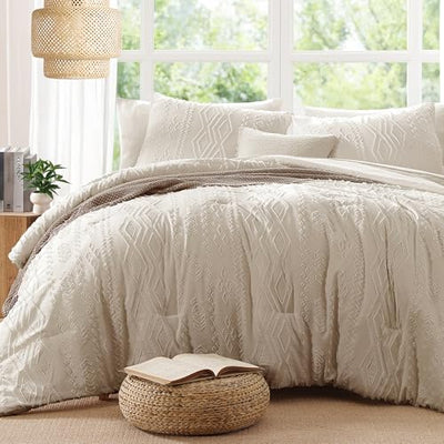 AMBERSPACE King Size Comforter Set Beige, Tufted Boho Bedding Farmhouse Bed Set, All Season 7 Pieces Bed in a Bag with Sheets, Pillowcases & Shams