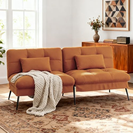 COMHOMA Convertible Sofa Bed,68″Fabric Couch with Adjustable Backrest,Loveseat Recliner Sleeper Living Room Furniture futon Set,Orange COMHOMA