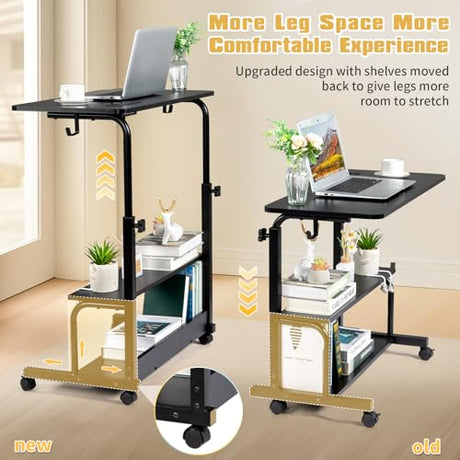 Karl home 31.5" Portable Rolling Desk on Wheels,Height Adjustable Standing Desk with 2 AC Outlets/3 USB Ports,Mobile Laptop Table with Hooks and Storage Shelves for Home Office，Black Karl home