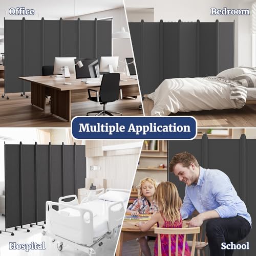 Kokorona 6 Panel Room Divider, 6FT Tall Rolling Privacy Screen with Lockable Wheels, Folding Wall Dividers Portable Room Divider for Room Separation, Included - Cover Strips, Grey, 119''W x 70''H Kokorona