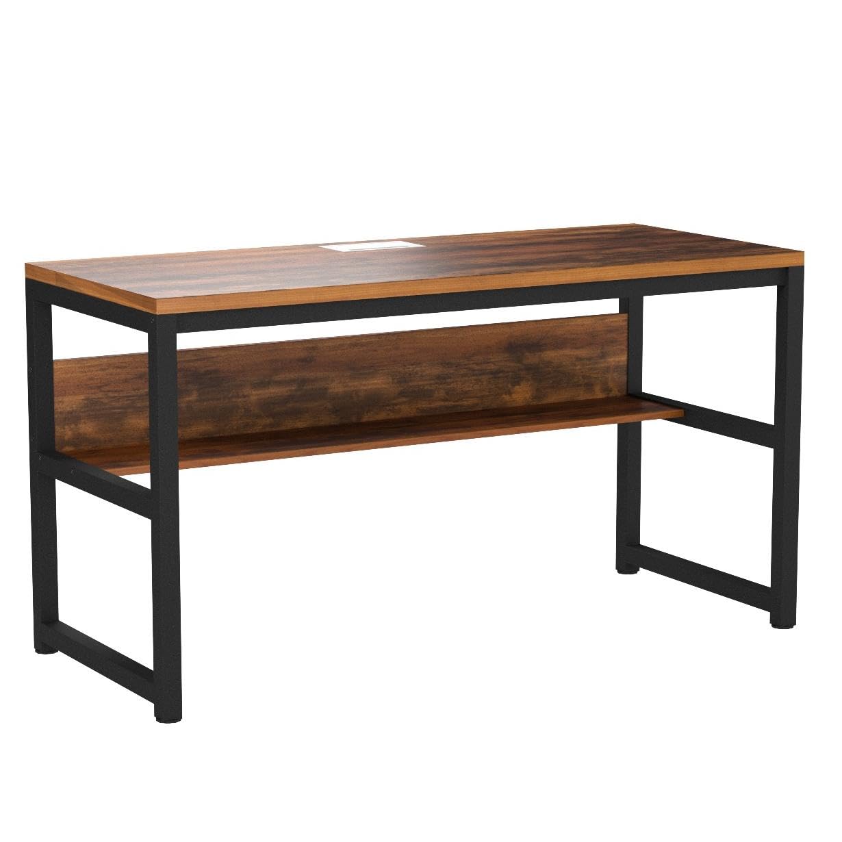 TOPSKY Rustic Brown Computer Desk with Bookshelf and Metal Cable Grommet - 55" Thick & Sturdy Design - WoodArtSupply