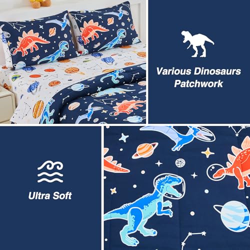 A Nice Night 5pc Glow in The Dark Kids Comforter Set,Dinosaur Galaxy Printed, Space Bedding Set Twin Size for Boys Girls Teen A Nice Night