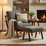 Wahson Mid Century Chair, Upholstered Accent Armchair, with Wood Frame and Canvas Cushions, Leisure Slipper Chair for Living Room/Bedroom, Grey Wahson