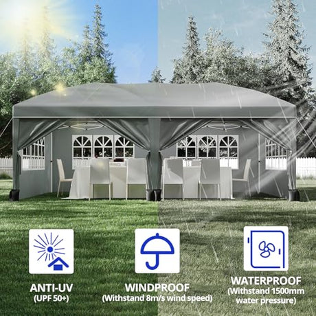 10X20Ft Pop Up Wedding Party Tent with 6 Sidewalls - Heavy Duty Commercial Outdoor Canopy, Waterproof Gazebo Canopy Tent, Canopy All Season with Storage Bag, Gray KOKEBREN
