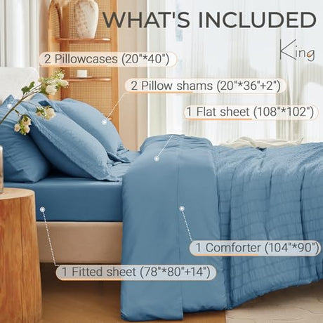 MUXHOMO 7 Pieces King Comforter Set, Seersucker Bed in a Bag King Size, All Season Luxury Bedding Set with Comforter, Flat Sheet, Fitted Sheet, Pillowcases & Shams, Mineral Blue MUXHOMO