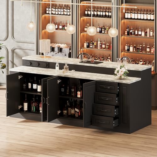 ROMSHINE 94.5" Large Bar Table Kitchen Station, Home Bar Unit with 3 Charging Socket, 4 Drawers & 2-Tier Shelf, Bar Cabinets Reception Desk for Home Pub Kitchen Storage, Black & Marble Pattern