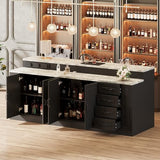 ROMSHINE 94.5" Large Bar Table Kitchen Station, Home Bar Unit with 3 Charging Socket, 4 Drawers & 2-Tier Shelf, Bar Cabinets Reception Desk for Home Pub Kitchen Storage, Black & Marble Pattern