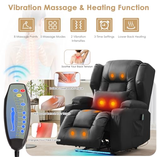 SAMERY Power Recliner Chair with Massage and Heat, Zero Wall Hugger Recliners Sofa Chair for Small Spaces, Theater Seating RV Sofa with LED Surround Lighting/USB/Cup Holders, Faux Leather, Black