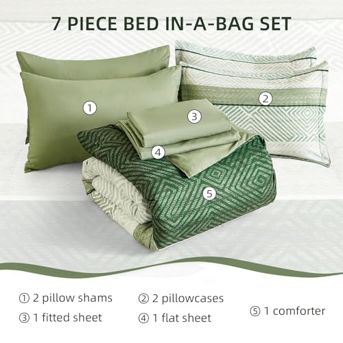 Drucon Christmas Olive Green Striped Comforter Set Queen Size 7 Pieces Reversible Bedding Set, Boho Bed in a Bag, Soft Microfiber Comforter and Sheet Set for All Season Drucon