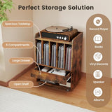 LOKO Record Player Stand On Wheels, Rolling Turntable Stand with 5 Compartments, Drawer & Open Shelf, Vinyl Display Shelf Storage Cabinet for Living Room, Bedroom, Study (Rustic Brown, 21" x 14") LOKO
