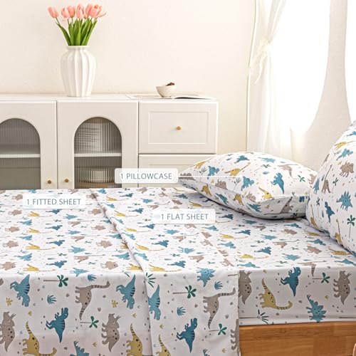 Vinogusto Twin Size Bed Sheets for Boys Kids - 3-Piece Jurassic Dinosaur Bedding Set, Breathable Light Grey Dino 3D Fitted Sheets with 14" Deep Pocket, Ultra-Soft Lightweight Bedroom Essentials Vinogusto