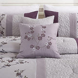 Chezmoi Collection Linnea 7-Piece Luxury Purple Lavender Gray Cherry Blossom Floral Embroidery Comforter Set, Queen Chezmoi Collection