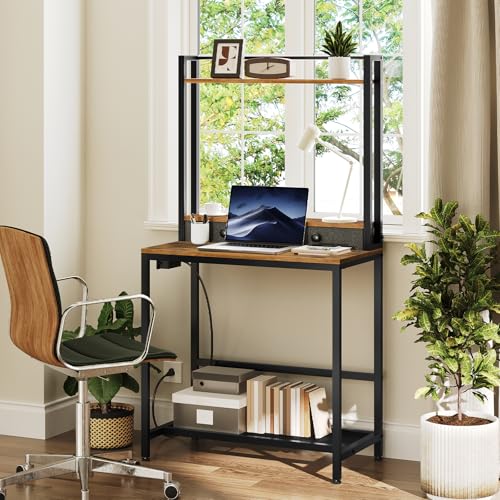 YATINEY Computer Desk with Hutch and Drawers, Home Office Desk with Power Outlets, Gaming Desk with Monitor Stand and Wheels, for Living Room, Home Office, Rustic Brown DN02UBR YATINEY