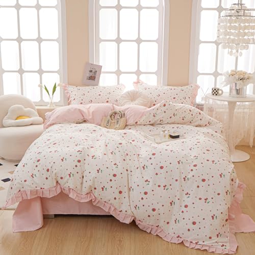 HighBuy Strawberry Print Comforter Set Twin XL Cute Fruit Bedding Set Ruffle Comforter with 2 Pillowcases Fluffy Reversible College Girl Bedding Comforter Set for All Seasons HighBuy