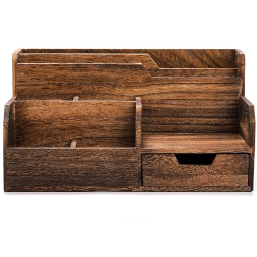 Pumtus Brown Wooden Mail Organizer, Desk Organizer with 7 Compartments and Drawer, Rustic Mail Sorter with Pen Holder, Tabletop Mail Basket, Office Accessories Holder for Pen File Letter Document Pumtus