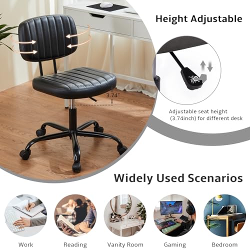 NEWBULIG Armless Small Office Desk Chair with Low Back Lumbar Support, PU Leather Computer Vanity Chair with 360° Swivel Rolling Wheels, Height Adjustable Task Chair for Small Space, Black NEWBULIG