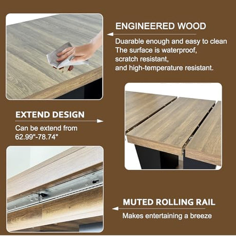 KUVADAZ 78.74" Extendable Dining Room Table for 6 8 10, Modern Farmhouse Wooden Long Large Rectangular Expanding Conference Kitchen Table with Dual Columns Base, Brown+Black KUVADAZ